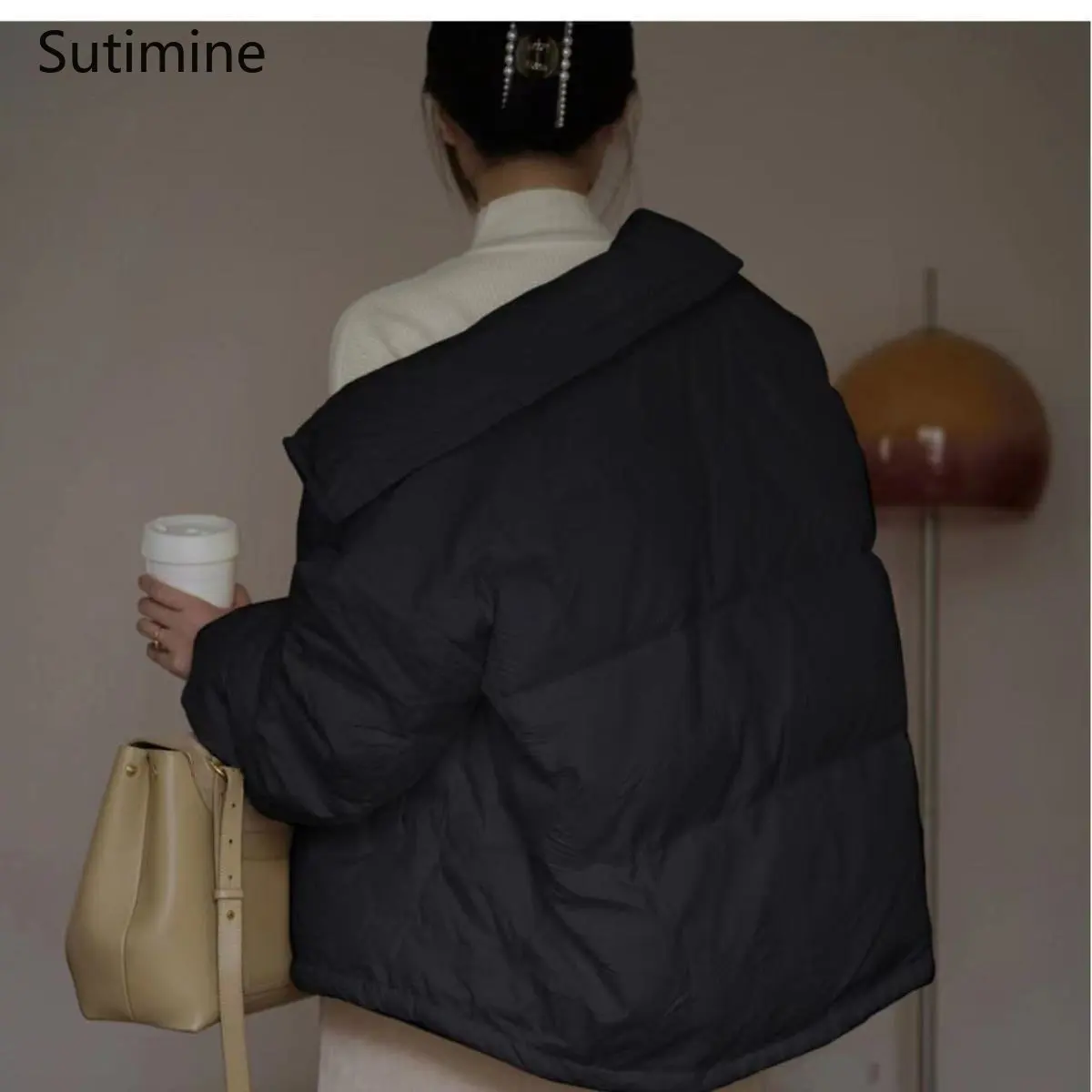 Winter Clothes Women Office Lady Button Down Cotton Jacket Fashion Coat Stand Collar Short Cotton Jacket Pockets Winter Coat