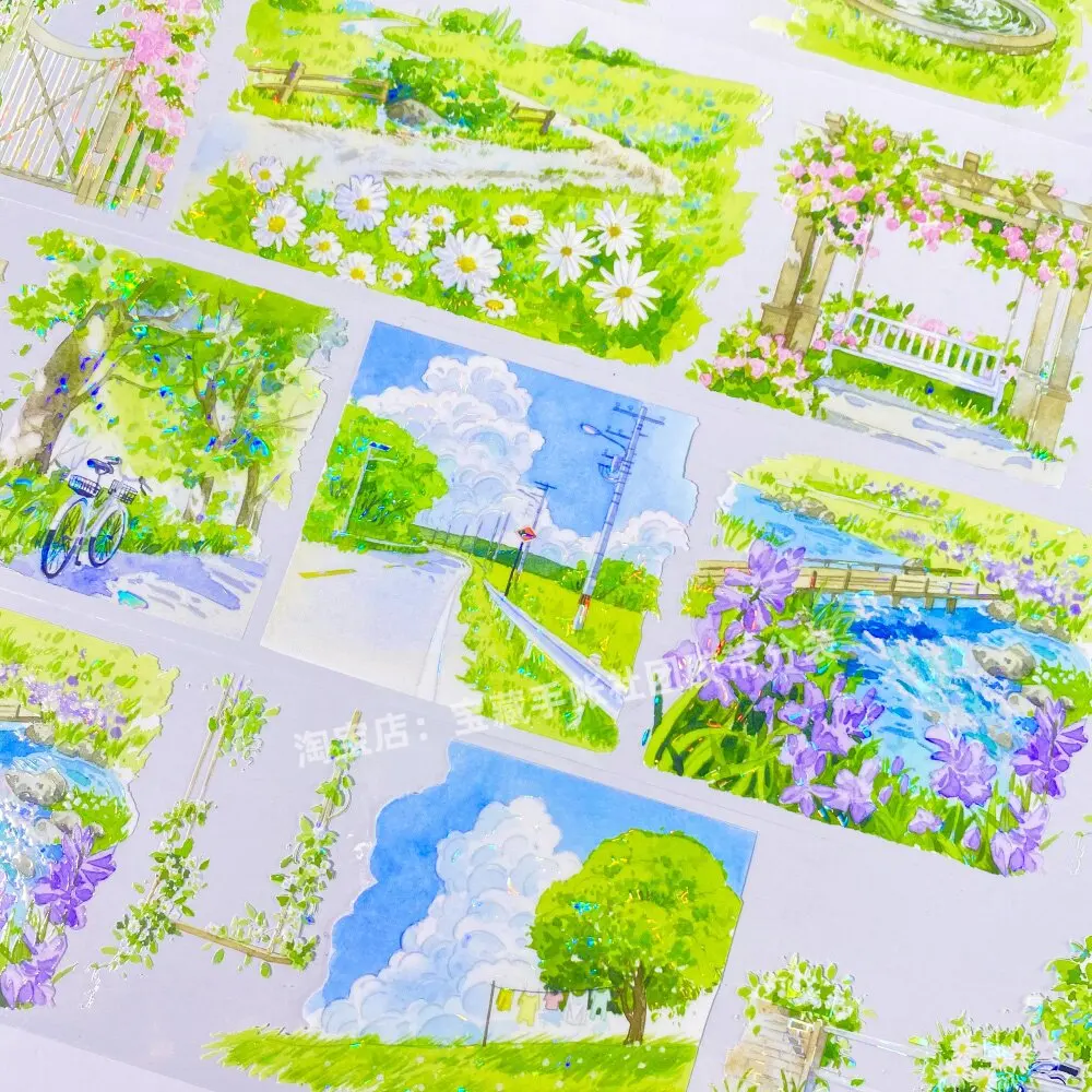 Фото Декоративная лента Washi Pet Tape Journal Breeze: Декоративные наклейки для скрапбукинга и коллажей с изображениями пейзажей, пикников и зеленых растений №3