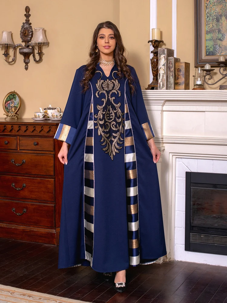 

Women Casual Elegant Maxi Dresses 2023 New Luxury Sequin Embroidery Long Sleeve Abaya Muslim Turkish Evening Party Robe Vestido