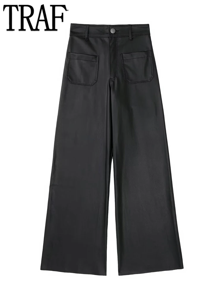 

Брюки TRAF женские из искусственной кожи, модные мешковатые штаны с завышенной талией и широкими штанинами, модные штаны с карманами, уличная ...