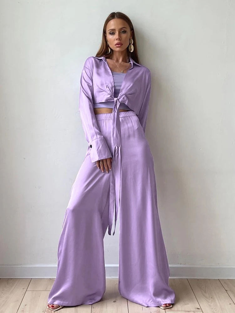 

Атласная пижама Hiloc на шнуровке, свободная фиолетовая домашняя одежда для женщин, пижамный комплект с широкими штанинами, женская зимняя пи...