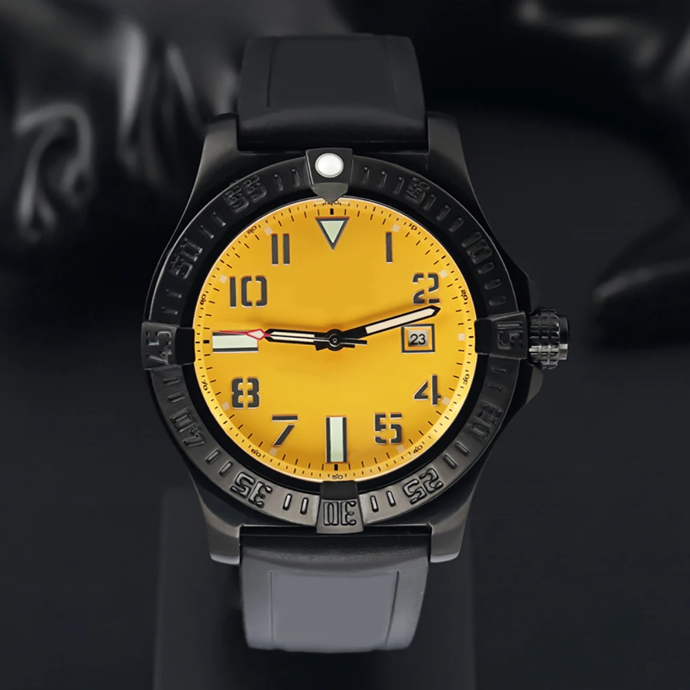 

Luxury Watches A21J Automatic Mens Watch PVD Steel Case Yellow Dial Black Rubber Strap Puretime
