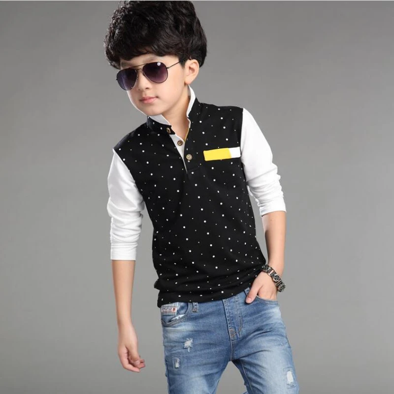 

Children T-Shirts Cotton Boys Shirt Spring Autumn Kids Boys Tops Child Clothes 13 14 Year Pure Clothing Fashion Polka Dot Blouse