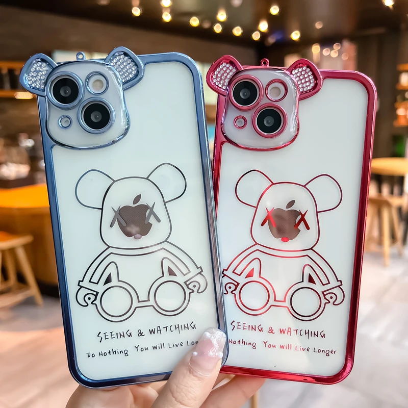 

Cute Bear Plating Phone Case For iPhone 13 12 11 Pro Max X Xs Xr 8 7 Plus Soft Shell Transparent Silicone Lens Protection Cover