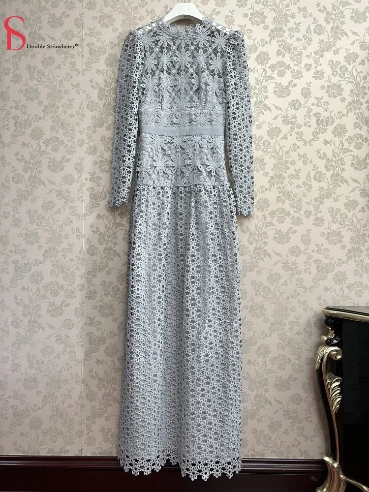 Winter Autumn and New Women's Wear High Grade Grey Lace Sexy Hollow Out Long Sleeve Dress Charming Evening