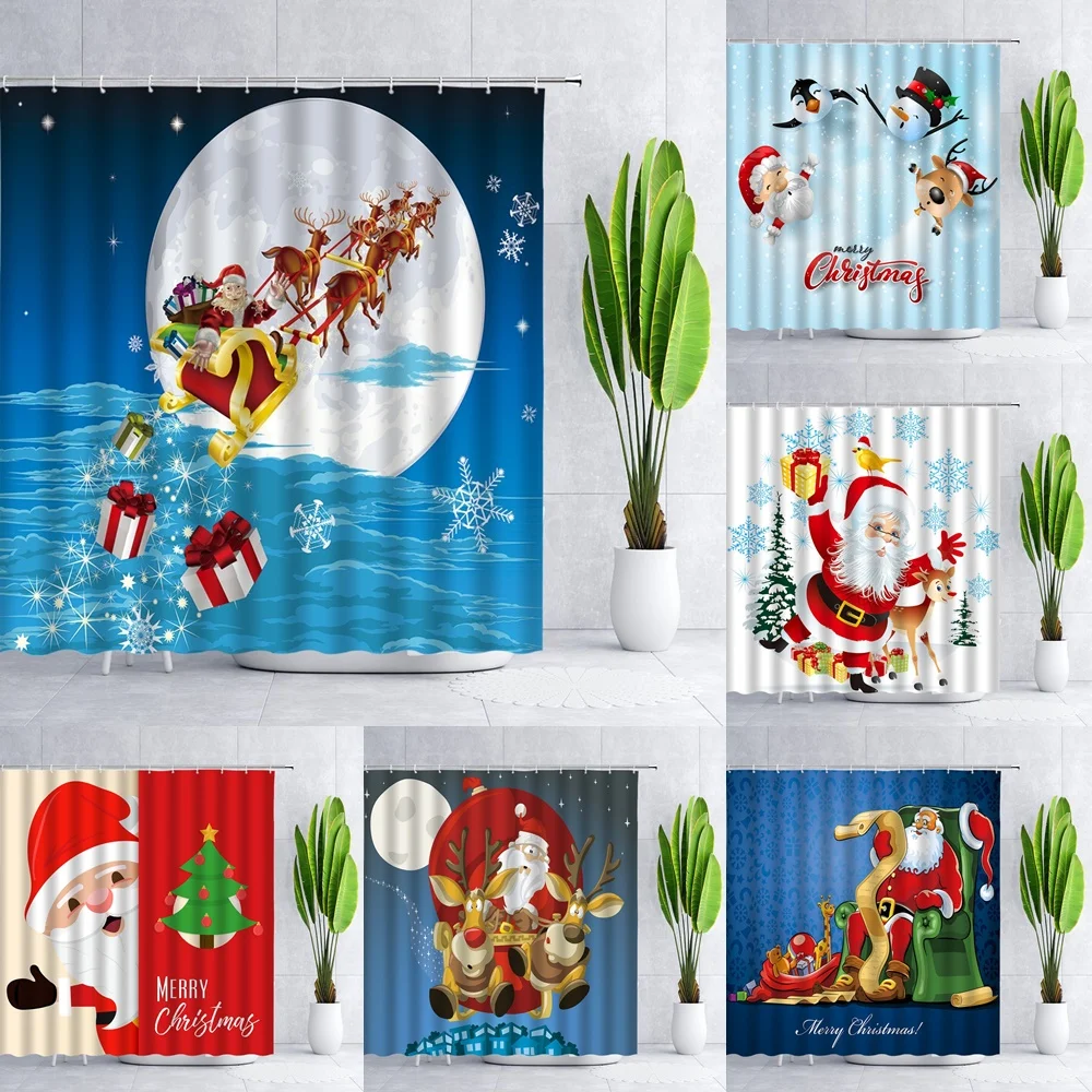 

Christmas Santa Claus Sled Shower Curtain Full Moon Blue Ocean Reindeer Snowman Elk Xmas Tree Bathroom Curtains Waterproof Cloth
