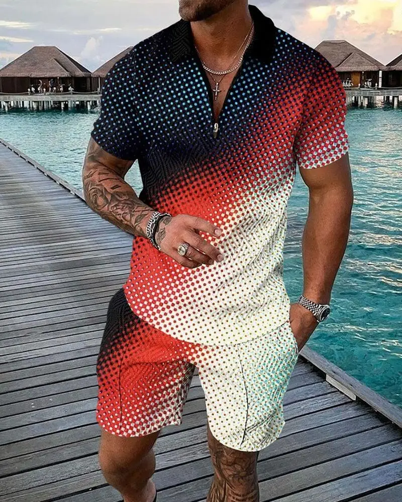 Summer Men 3D Printed O-collar Oversized Sportswear Fashion Polo Shirt + Shorts Lapel Breathable Suit Street Men's Two-piece Set