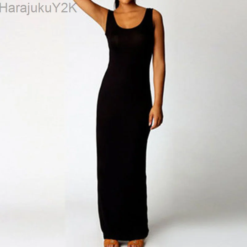 

Sleeveless Women High Stretch Tank Robe Summer O-neck Bodycon Long Dress Ladies Solid Slim Beach Maxi Dresses Vestidos De Verano