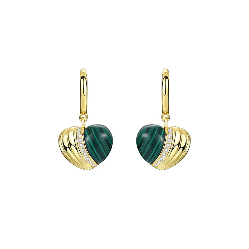 Silvology Real 925 Sterling Silver Natural Malachite Heart Drop Earrings for Women Color Separation Earrings Trend Fine Jewelry