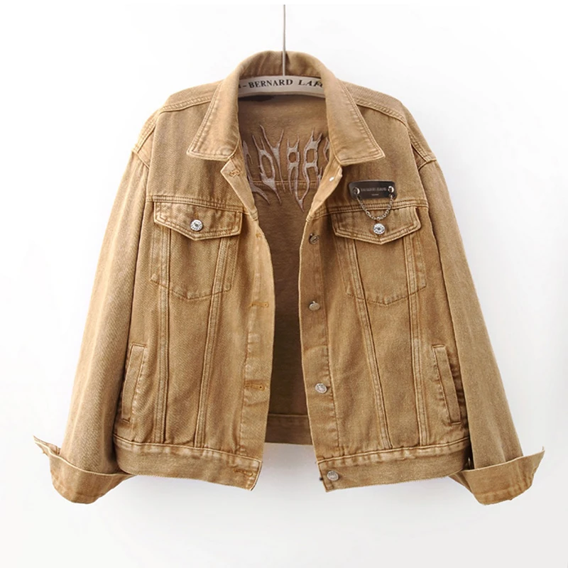 

Куртка женская джинсовая с вышивкой, ковбойская верхняя одежда с большими карманами и длинным рукавом, свободные короткие джинсовые куртки...