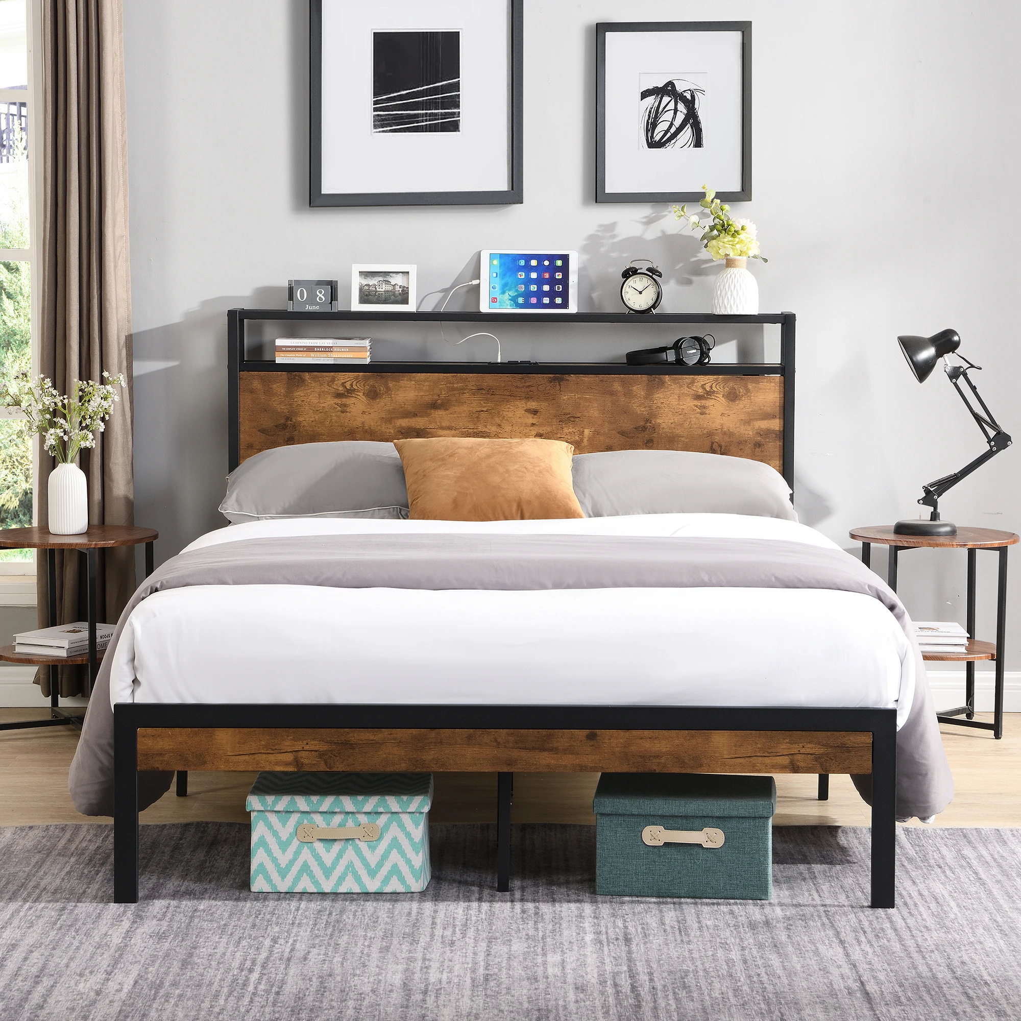With Wooden Headboard And Footboard With Usb Liner, No Box Spring Needed