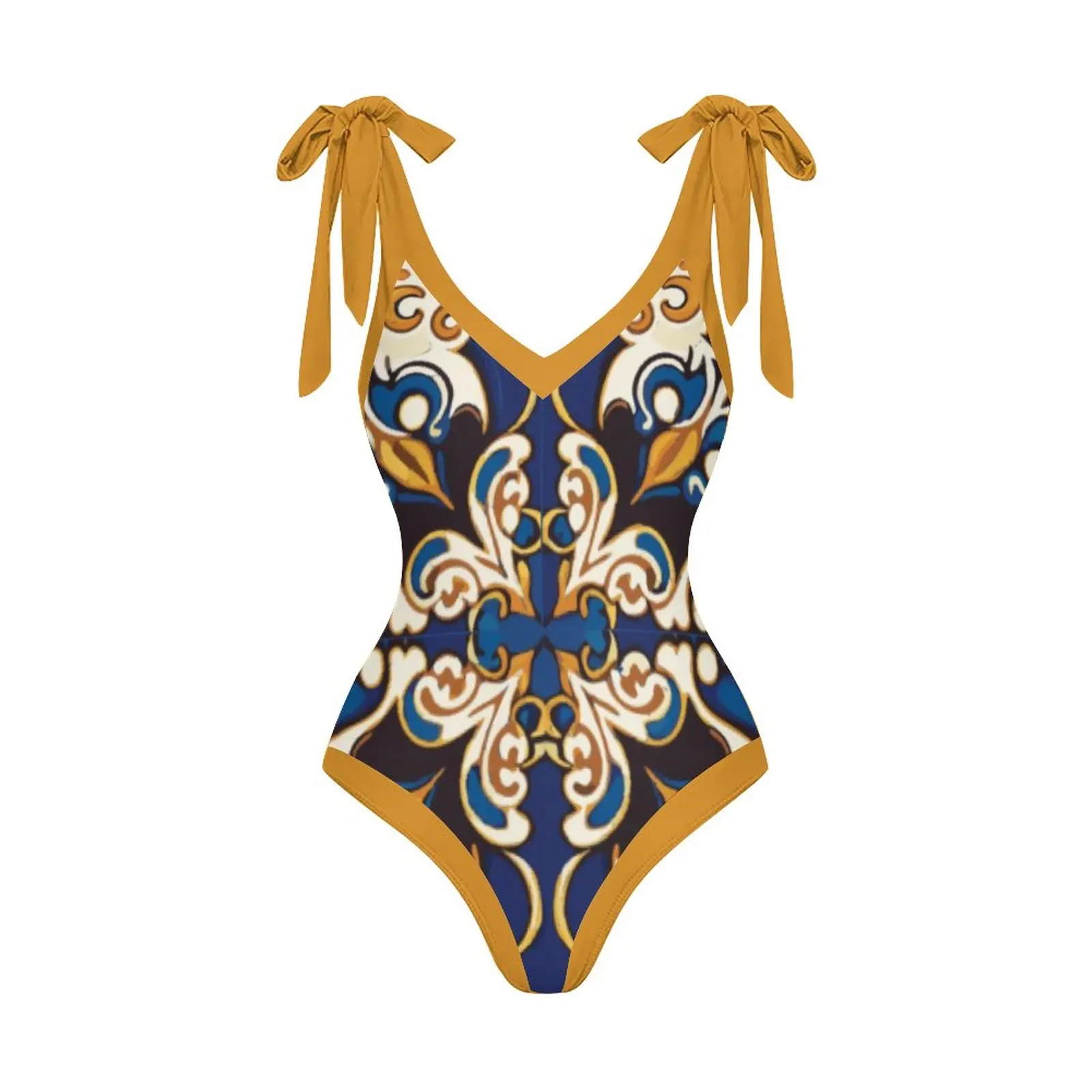 

Geometric Print Swimsuit for Women, V-Neck Halter, Bowknot Strap Beachwear, Tummy Control Bathing Suit, Summer Monokini, 2023
