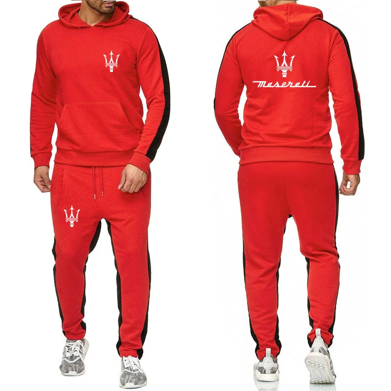 New Maserati Logo Printed Custom Made Brand Solid Color Men Pullover Hoodie+Pants Drawstring Leisure Sportswear Man Suit Trend