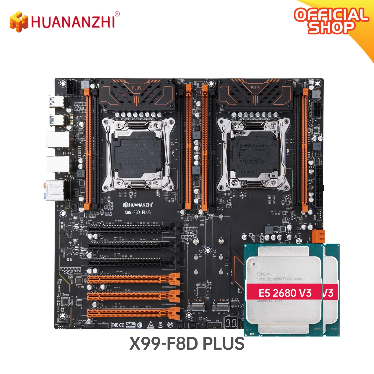 HUANANZHI X99 F8D PLUS X99 Motherboard Intel Dual CPU with Intel XEON E5 2680 V3*2 combo kit set support 512G DDR4 RECC M.2 NVME