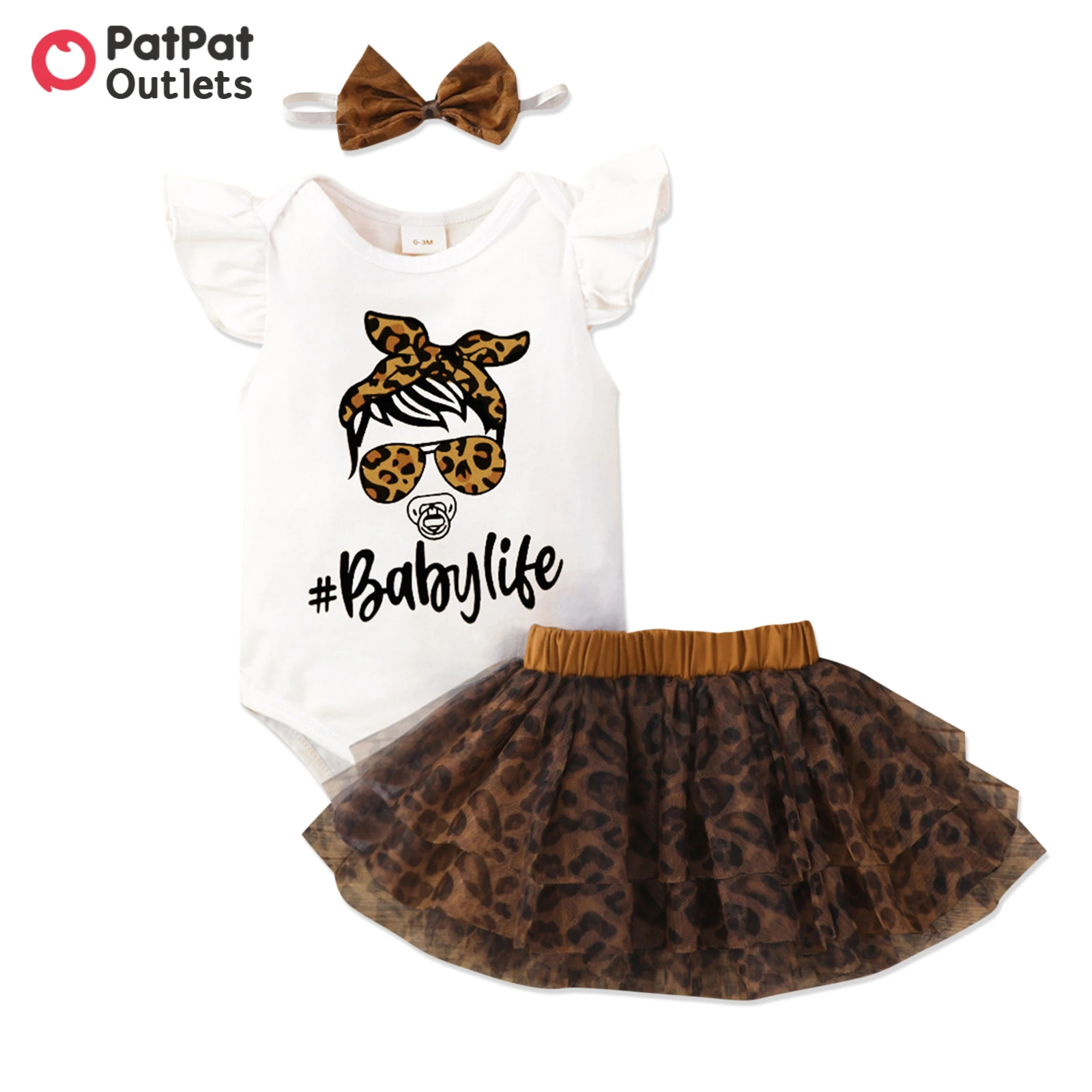 

PatPat 3pcs Summer Newborn Baby Girl Clothes 95% Cotton Flutter-sleeve Graphic Romper Layered Leopard Mesh Skirt Headband Set