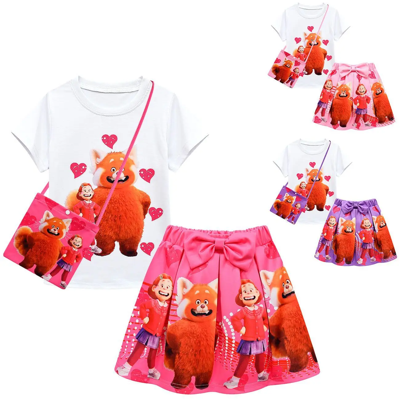 

2022 New Disney Turning Red Cartoon Print Casual Cute Girls Short Sleeve Pleated Skirt Bag Three-piece Set