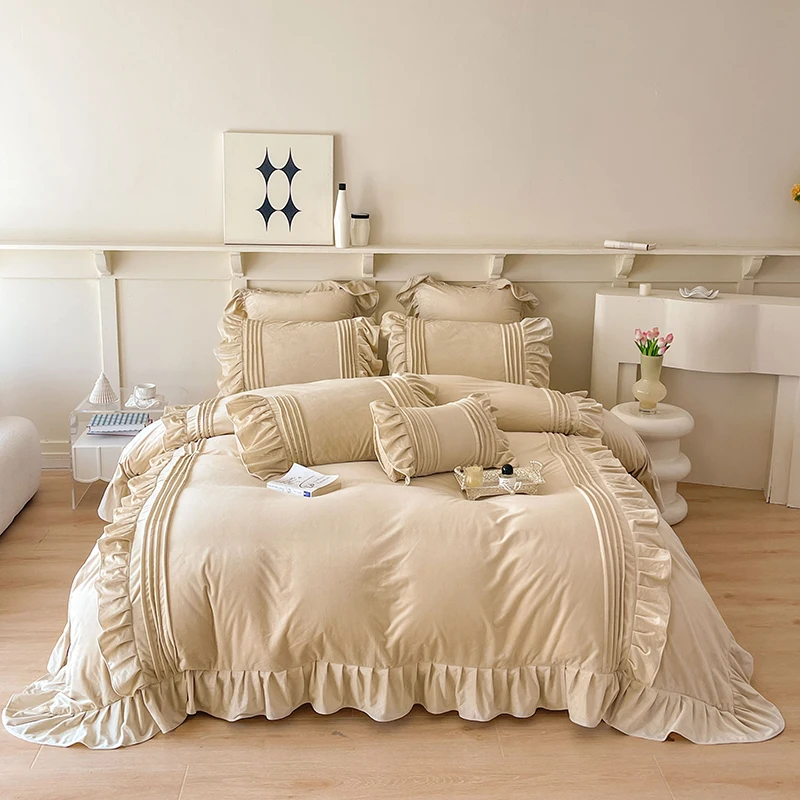 

Корейский стиль плиссированные с оборками бархатные флисовые теплые зимние искусственные пушистые бархатные пододеяльники набор простыней наволочки