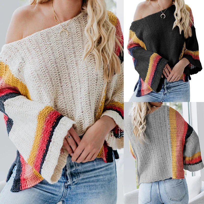 

2021 spring / summer new women's color matching sweater one neck bat sleeve hollow sweater