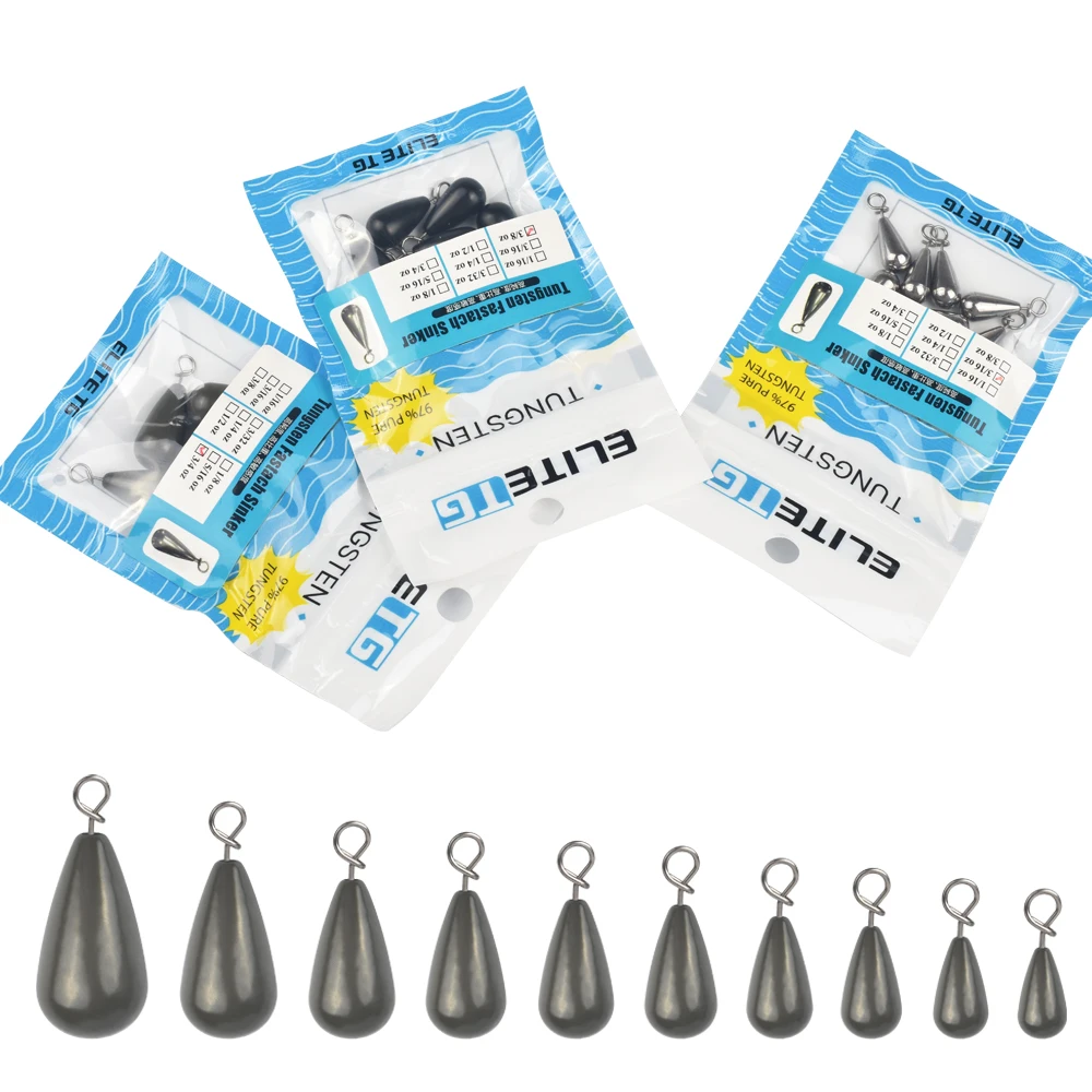 Elite TG 10Pcs Tungsten Tear Drop Fishing Sinker. Texas Carolina Rig 1.3g-21g Rotatable Line Connector Salmon Pike Green