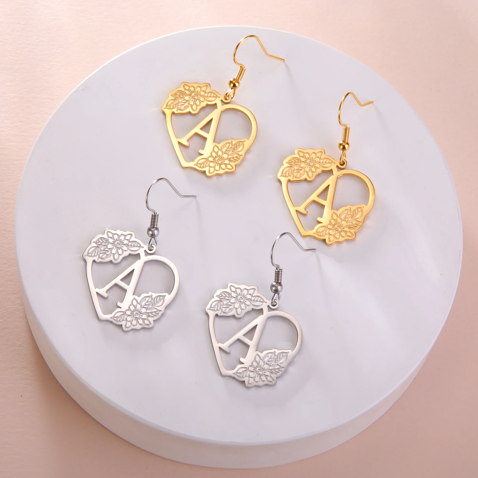 

HIPEE Exquisite Love Letter Pendant Earrings for Women Stainless Steel Flower Heart-Shaped Pendant Drop Earrings Wedding Jewelry
