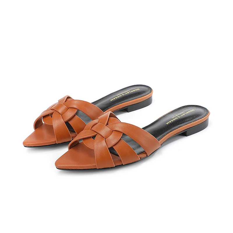 LANG MENG Brand Fashion Women's Shoes Summer New Genuine Leather Pointed Women's Slippers Beach Shoes Flip-flops Plus Size 34-43