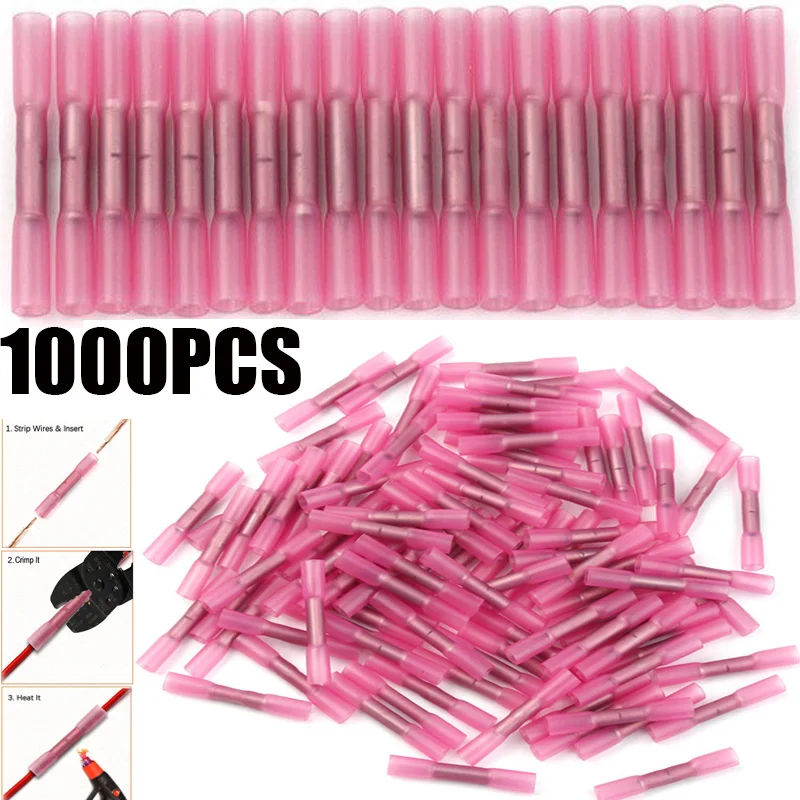 

500/1000PCS Red Heat Shrink Connectors Insulated Waterproof Crimp Terminals Seal Butt Electrical Wire Connector 22-18 AWG