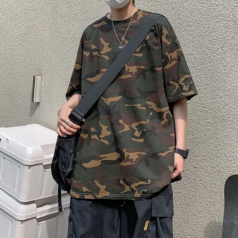 

Summer Menswear Camouflage T-shirt Fashionable Loose All-Match High Street 5-Point Sleeve Casual Top Vintage Print Short Tees