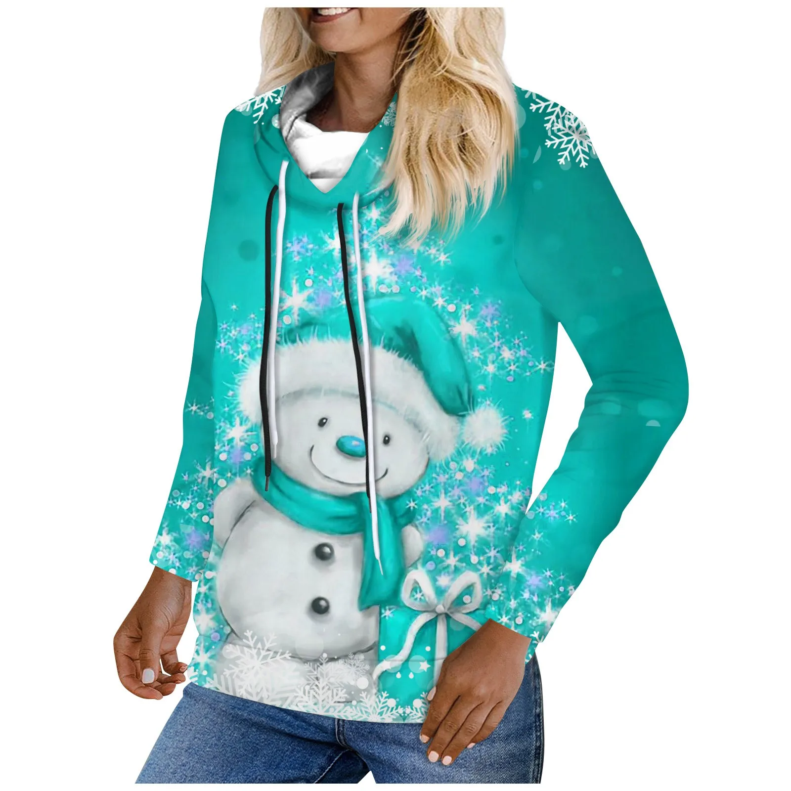 

Women Fashion Pullover Drawstring Christmas Snowmen Print Sweatshirt Sleeve Loose Ladies Casual Top Chic Women'S Clothing
