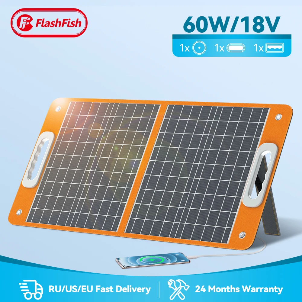 

Flashfish Foldable Solar Panel 60W 18V Portable Solar Charger with DC Output USB-C QC3.0 for Phones Tablets Van RV Trip Camping
