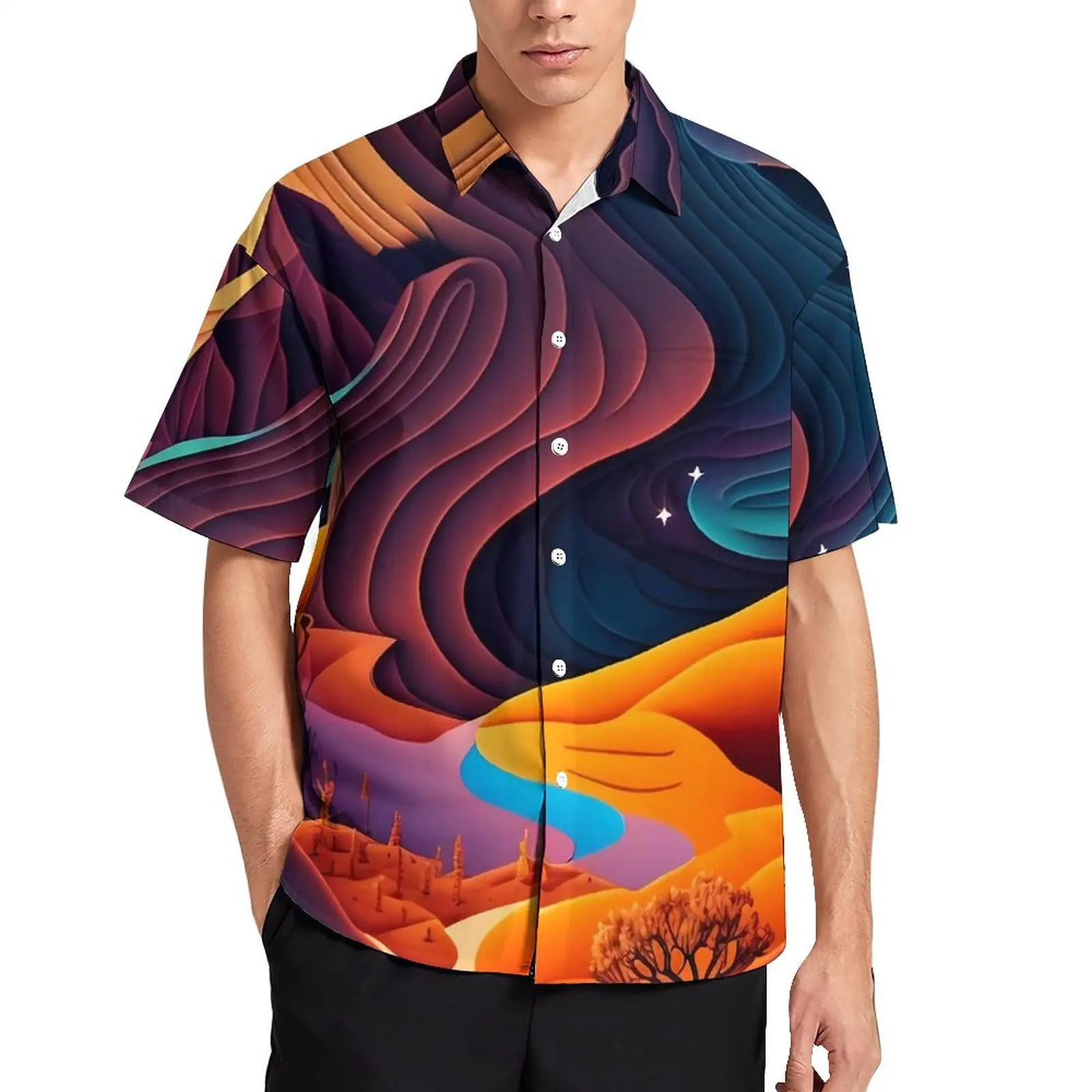 

Desert At Night Blouses Mens Abstract Nature Casual Shirts Hawaiian Short Sleeve Graphic Trendy Oversized Vacation Shirt Gift