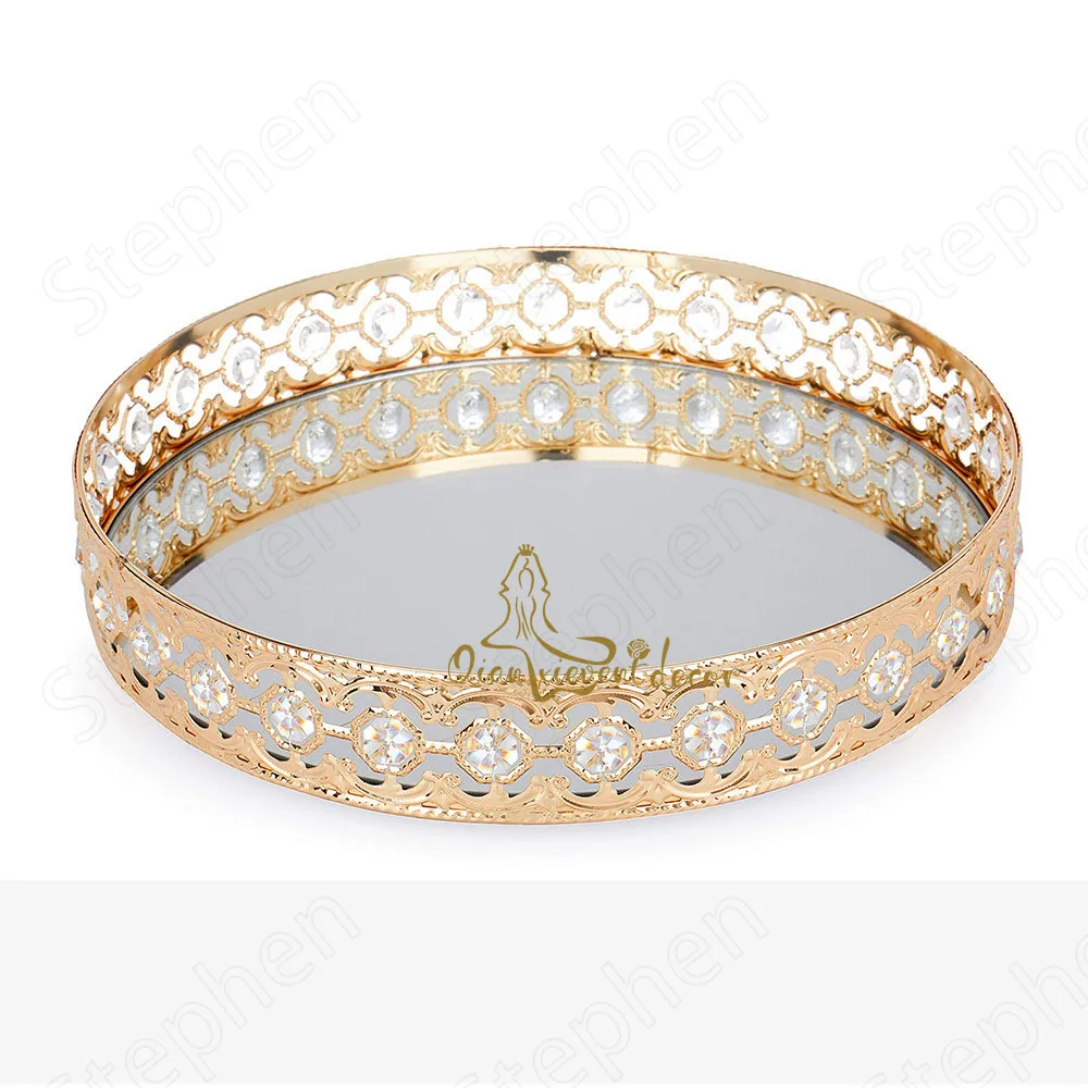 

Hollow Metal Round Trays Decorative Nordic Modern Dresser Cosmetics Jewelry Mirror Tray with Crystal Gold Plating Process Plate