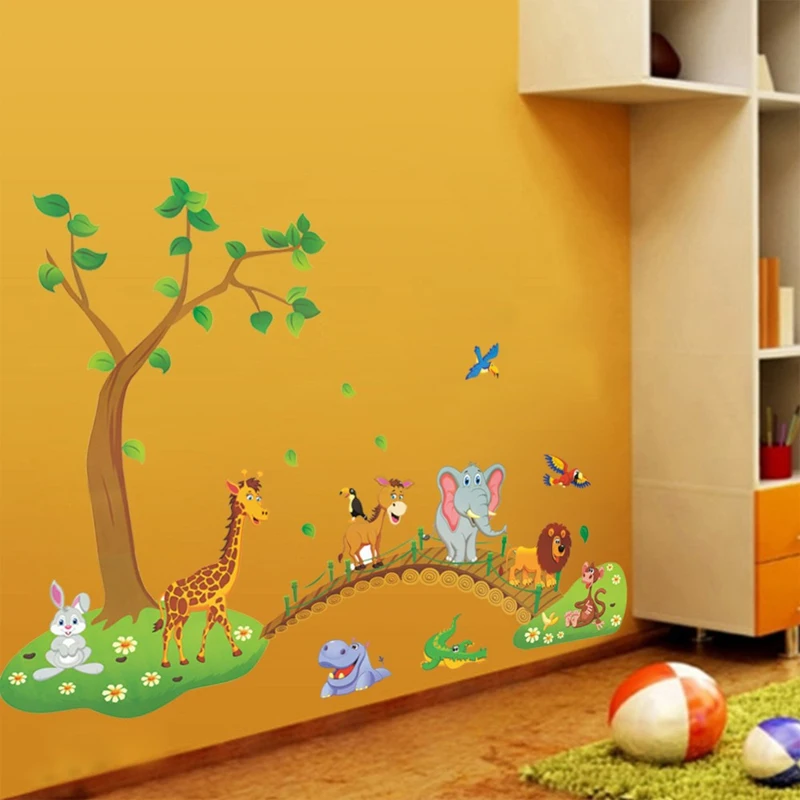 

3D Cartoon Jungle wild animal tree bridge lion Giraffe elephant birds flowers wall stickers for kids room living room home decor