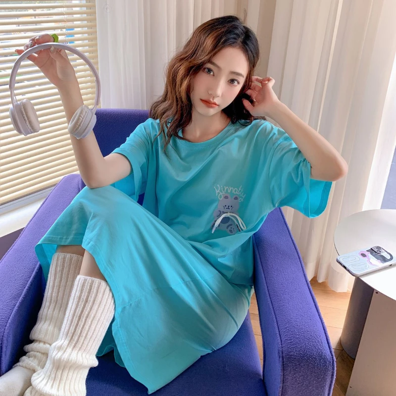 Pajamas for Women's Summer Cotton Cool Short-sleeved Nightdress Breathable and Casual Plus Size Home Service Can Be Worn Outside