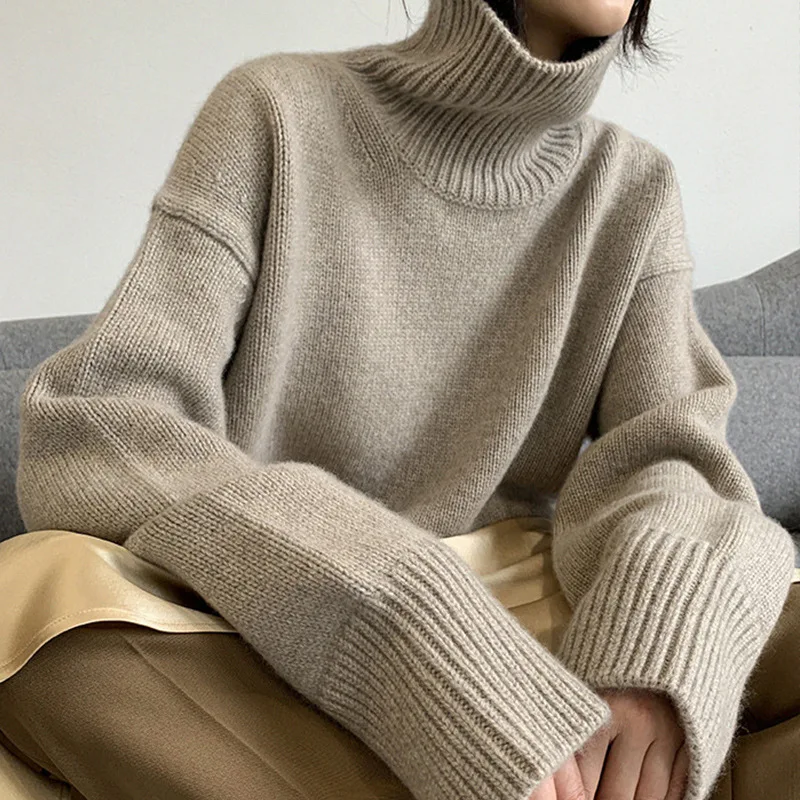 

Women's Turtleneck Sweater Autumn Fashion Women Knitwear Loose Black Long Sleeve Top Solid Color Simple Casual Women Pulovers