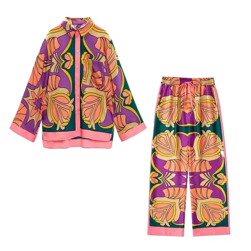 

SuperAen Europe and America Autumn New Pocket Printed Shirt Long Pants Two Pieces Set for Women