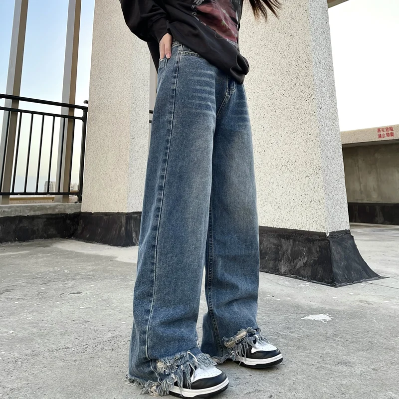 Streetwear Men American Vintage Loose Blue Jeans 2022 Autumn and Winter New Style Pattern BurrStraight Cylinder Trousers Female