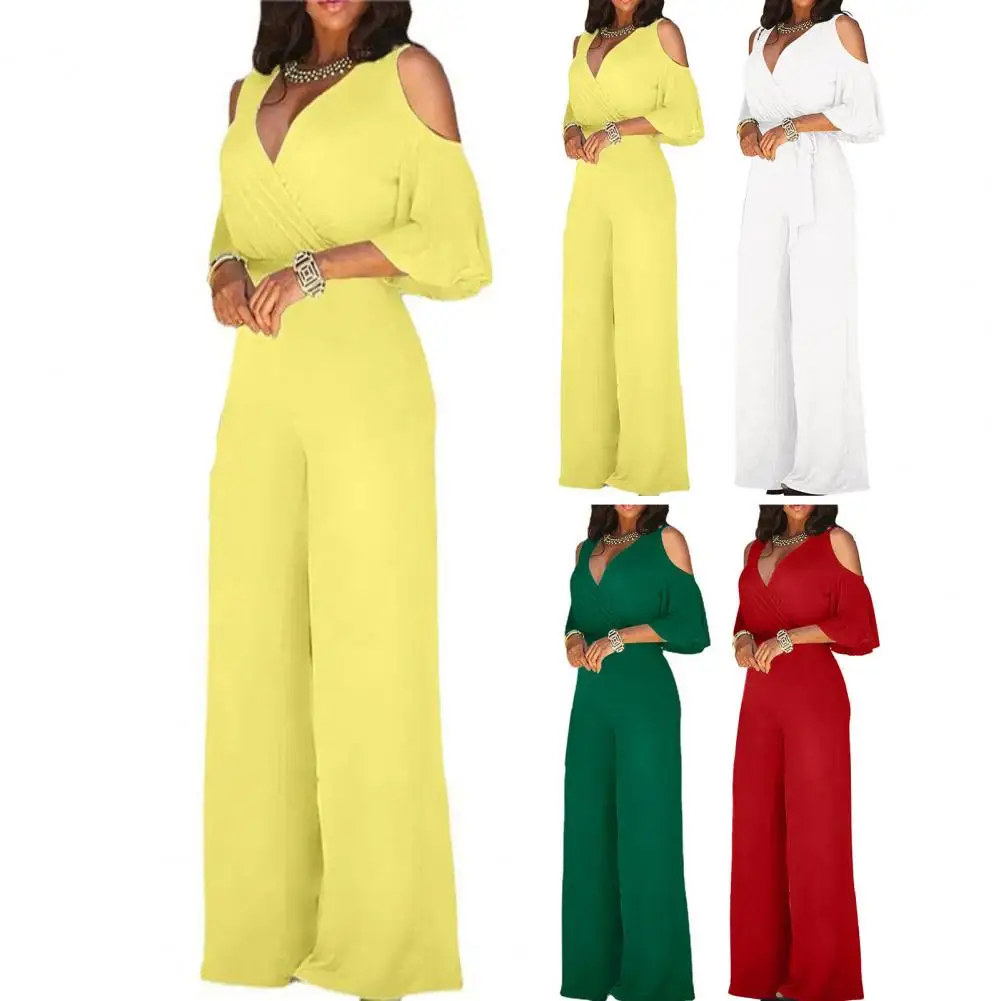

Sexy V-Neck Women Romper Solid Color Half Sleeves Off Shoulder Tight Waist Wide Leg Jumpsuit Summer Jumpsuit Female Clothing