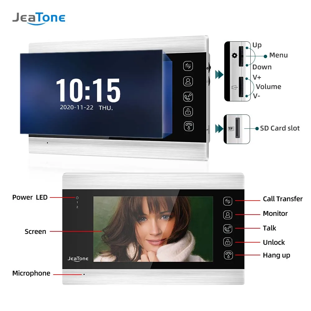 JeaTone 7 Inch Indoor Monitor Single Video Door Phone Doorbell Intercom System Video Recording Photo Taking Silver Wall Mounting enlarge