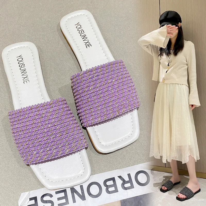 

Knitted Half Slippers High Heel Women Summer New Fashion Half Slippers Net Celebrity Fashion Thick Heel Slippers Women