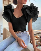 chaxiaoa 1 piece summer 2022 women daily chic ribbed layered ruffles v neck blouse