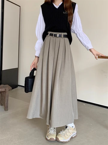 Новинка 2023, Женская юбка в Корейском стиле, однотонная универсальная плиссированная юбка средней длины, Женская длинная юбка