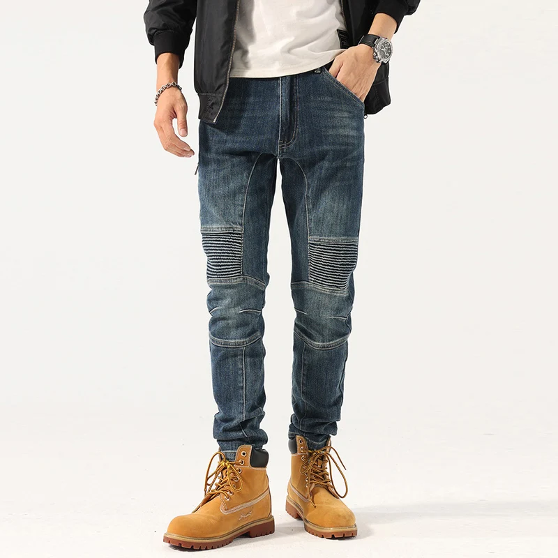 Street Fashion Men Jeans Retro Blue Spliced Designer Slim Fit Elastic Biker Jeans Men Punk Trousers Patched Hip Hop Pants Hombre