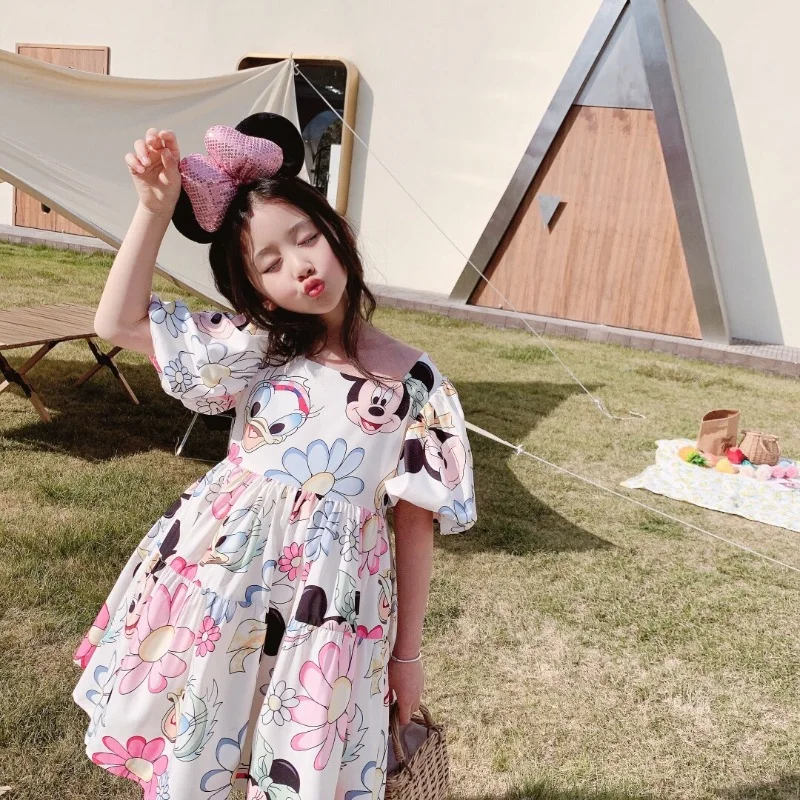

Girl's Dress Summer Girl Mickey Daise Flower Print Bubble Sleeve Dress Children's Cartoon Backless Sweetheart Princess Dress
