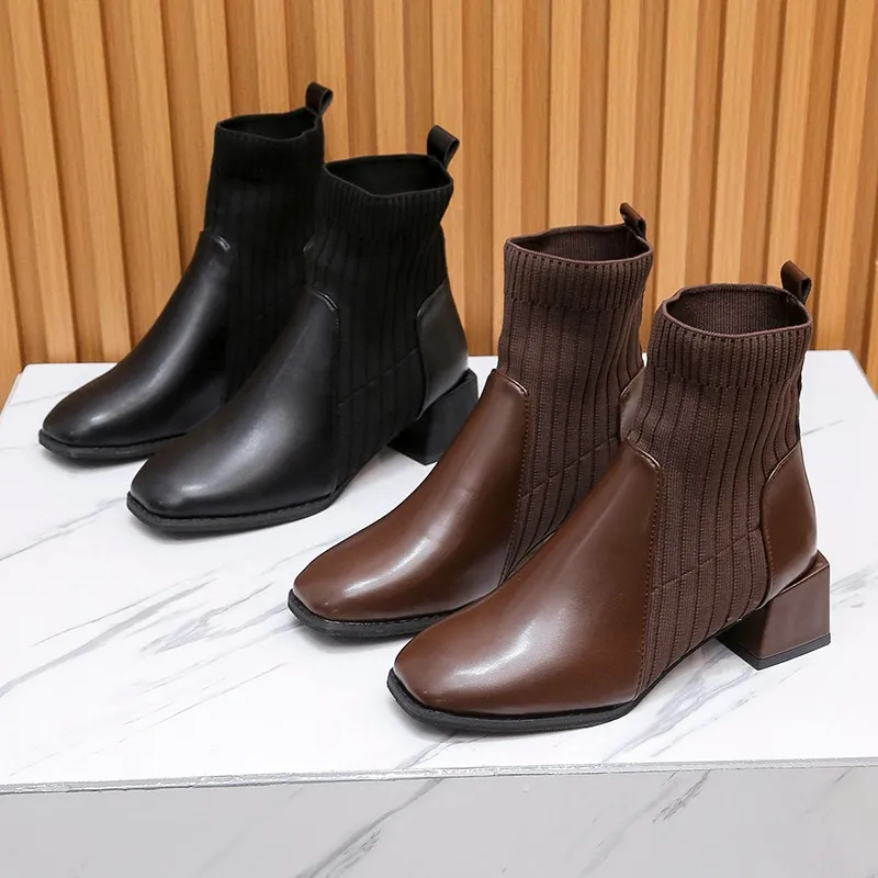 New Short Boots Women Fashion Stitching Knitted Stretch Boots Retro Square Casual Mid Heel Women Shoes Socks Shoes Stretch Boots