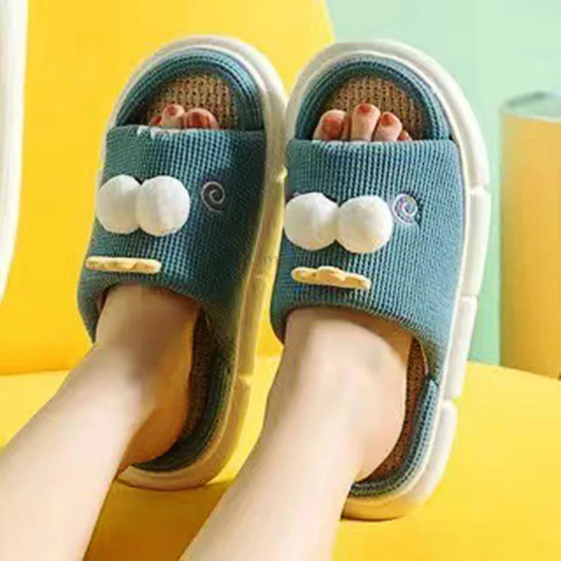 Solid Women's House Slippers Lovely Cartoon Linen Cotton Slippers   Woman Indoor Slippers Female Open Toe Slides All Season