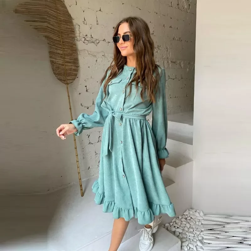 

Women Corduroy Ruffle Dress Casual Long Sleeve O Neck Button Sashes Dresses Vintage A-Line Party Knee Dress 2021 Autumn Winter
