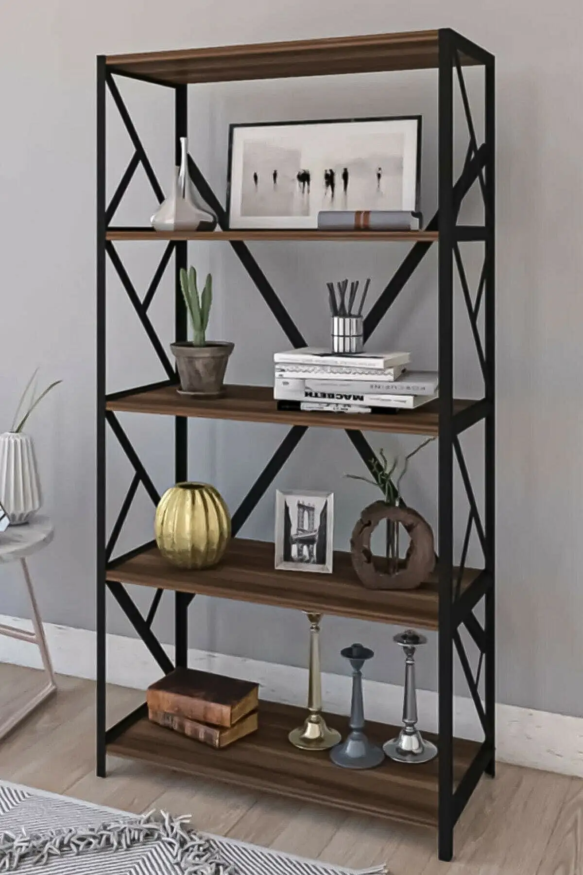 

Metal Bookcase 5 Shelf Large Bookshelf File Book Shelf Office Home Rack Walnut