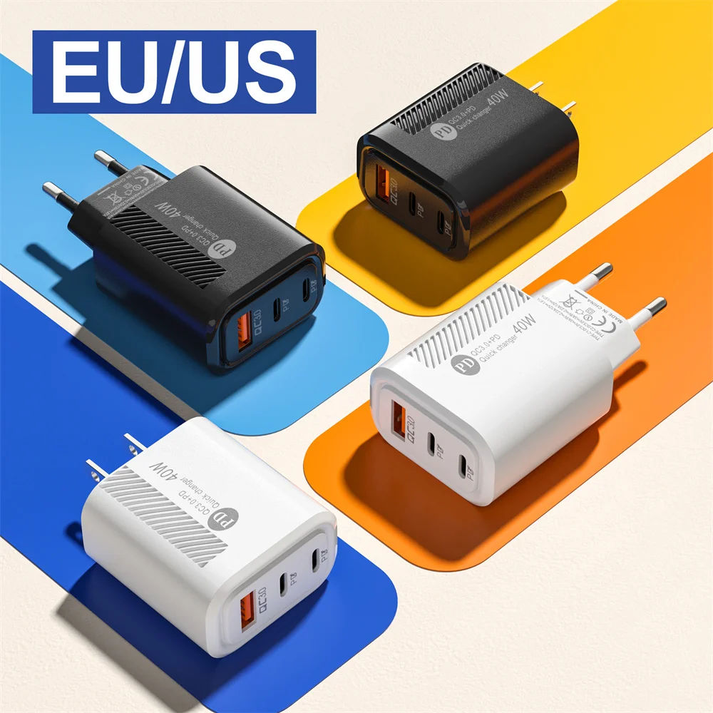 

100Pcs 2.4A 2 PD 3 Ports USB Wall Charger Eu US AC Home Travel Portable Power adapters For iPhone 12 13 14 Pro 15 Plus Samsung