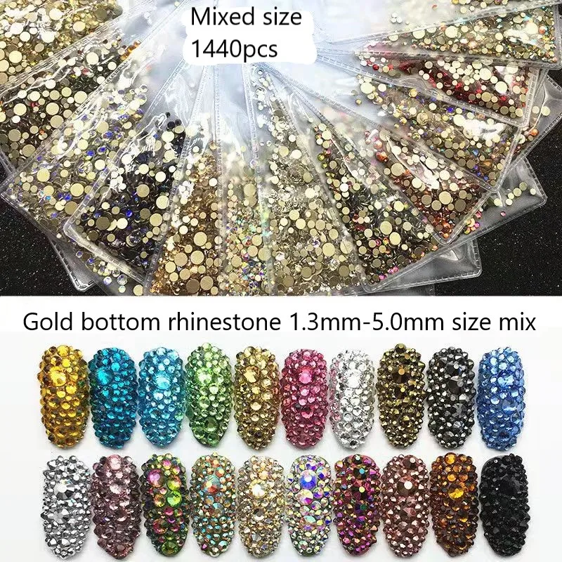 

ss4-ss20 1440pcs Mix Size Glass Crystal AB Rhinestones golden bottom Flatback Nail Art Stones Non Hotfix Clear Strass Crystals