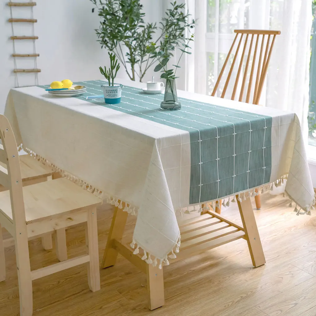 

1 Pcs Rectangle Tablecloth Cotton Linen Washable Stain-Proof Table Cover Grids Home Desktop Decoration Table Cloth With Tassel